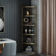 Élano Corner Display Shelf – Natural Wood with Gold Metal Frame