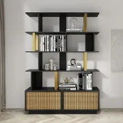 Mavrin Display Shelf – Black Wood with Gold & Rattan Accents
