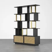 Mavrin Display Shelf – Black Wood with Gold & Rattan Accents