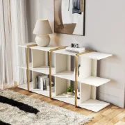 Vionna Low Display Shelf – White Wood with Gold Accents