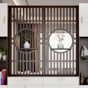 Élévé Display Divider Cabinet – Natural Wood with Decorative Panel.