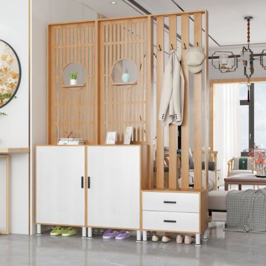 Lirven – Natural Wood Entry Divider Cabinet with Hooks and Storage Drawers