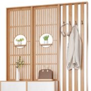 Lirven – Natural Wood Entry Divider Cabinet with Hooks and Storage Drawers
