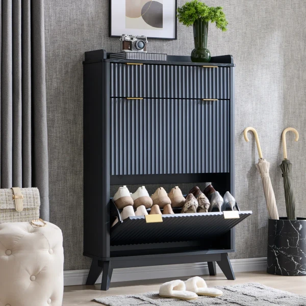 Lévon – Wavy Natural Wood Shoe Cabinet with Faux Marble Top