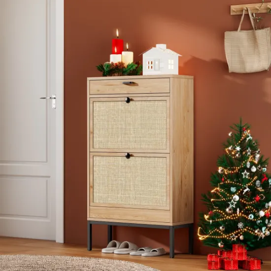 Éloree – Natural Wood & Rattan Shoe Cabinet