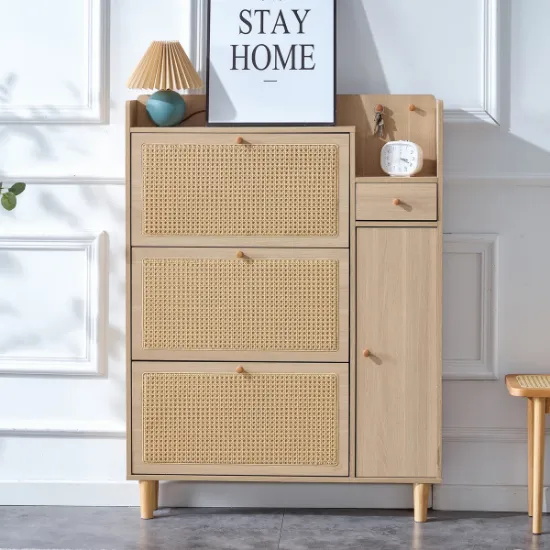 Ravelle - Natural Wood Shoe Cabinet with Rattan Front