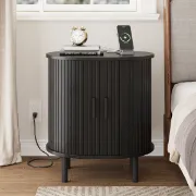 Lumin – Round Side Table with Storage & Charging – Natural Wood