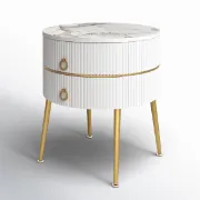 Midwest Round Side Table with Marble-Effect Top – Natural Wood