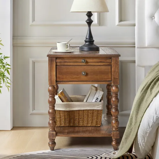 Heritage Side Table with Drawer & Shelf – Natural Wood