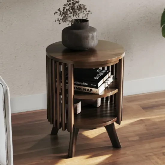 Klever Round Side Table with Slatted Design – Natural Wood