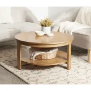 Orion – Round Coffee Table with Rotating Top & Lower Shelf – Natural Wood