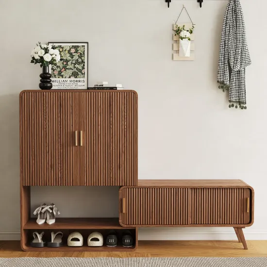 Lunaro – Modular Shoe Cabinet with Sliding Bench | Natural Wood