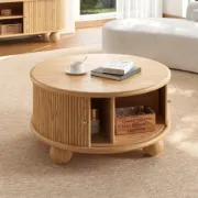 Aureo Round Storage Coffee Table with Sliding Doors – Natural Wood