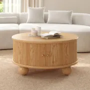 Aureo Round Storage Coffee Table with Sliding Doors – Natural Wood