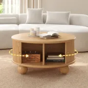 Aureo Round Storage Coffee Table with Sliding Doors – Natural Wood