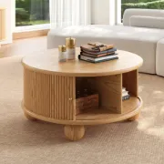 Aureo Round Storage Coffee Table with Sliding Doors – Natural Wood