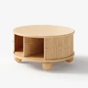 Aureo Round Storage Coffee Table with Sliding Doors – Natural Wood